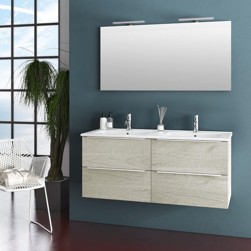 Mobile da Bagno Sospeso con Doppio Lavabo e Doppia Lampada a LED TFT Luna Rovere Naturale-1