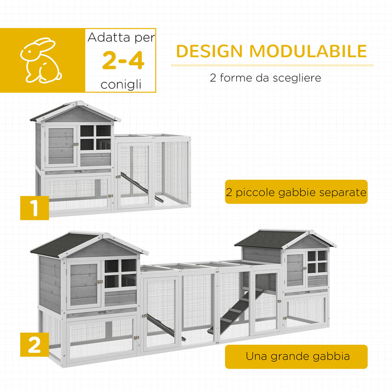 Gabbia per Conigli Conigliera 259x64x92 cm 2 Casette con Rampe Recintata in Legno Grigia-4