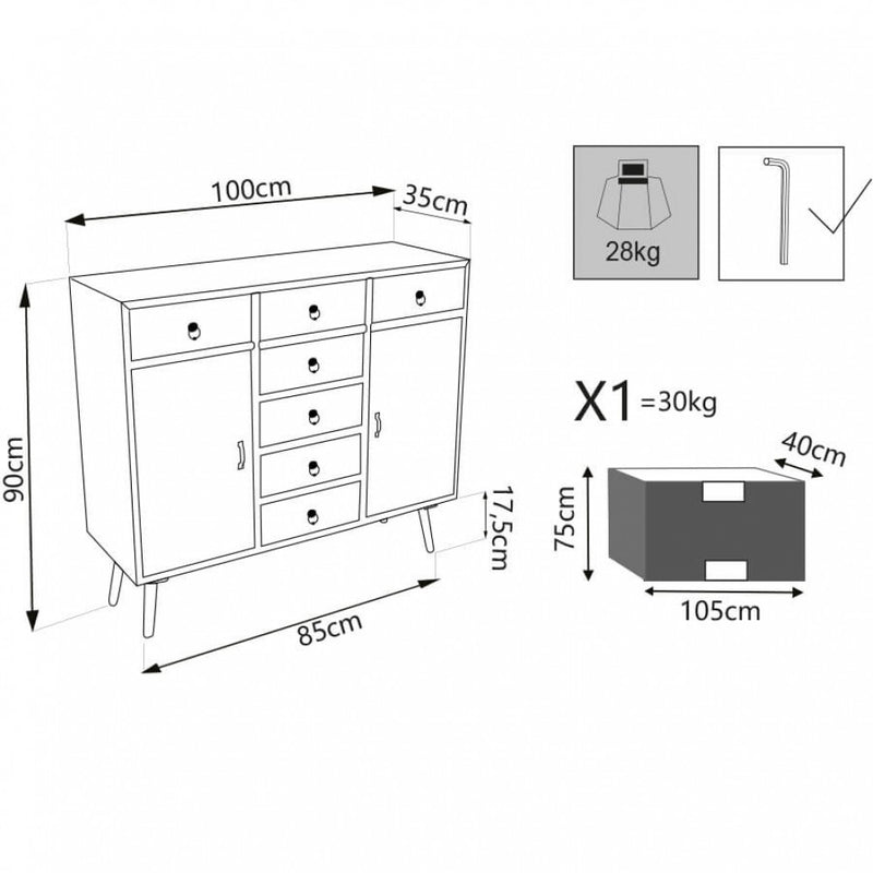 Mobiletto Laval 100x35x90 h cm in Legno Multicolor-6