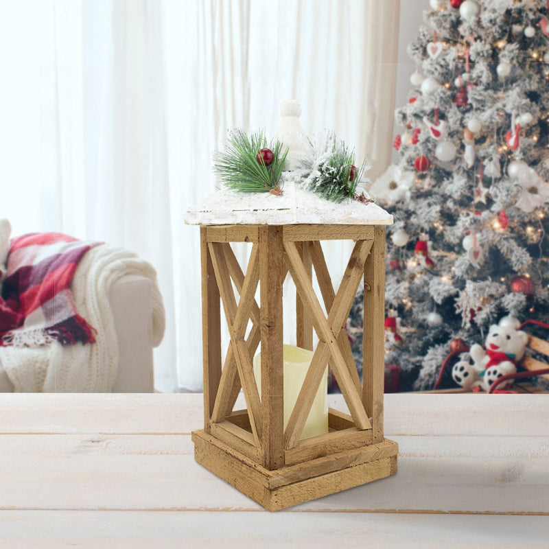 Lanterna con Lumino di Natale in Legno con Luce Led e Glitter-4