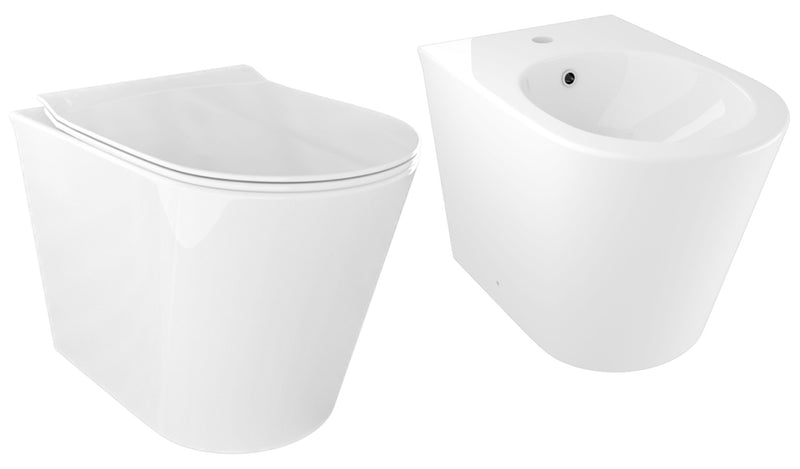 Coppia di Sanitari WC e Bidet a Terra Filo Muro in Ceramica 36,5x54,5x39,5 cm Oceano Bonussi Bianco Lucido-1