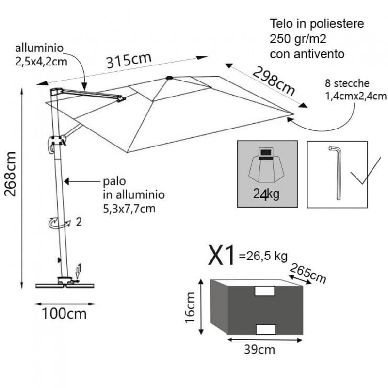 Ombrellone da Giardino con Led Pitagora 3x4 m in Alluminio Bianco Telo Bianco-3