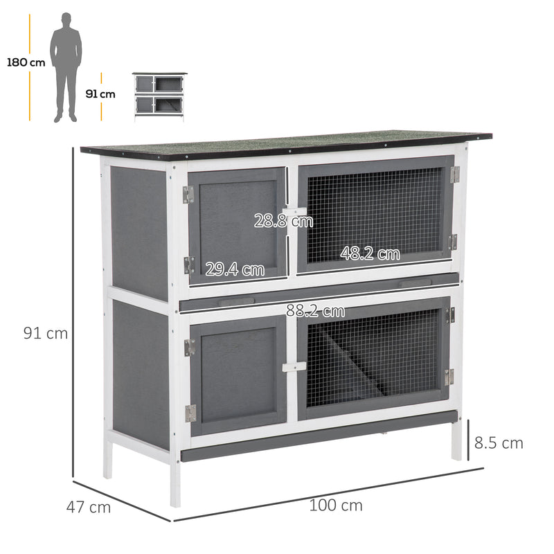 Conigliera per Interno e Esterno a 2 Piani  100x47x91 cm con Tetto in Bitume in Legno di Abete Grigia-3