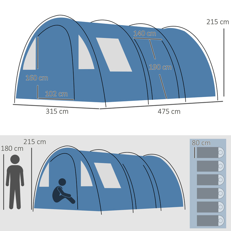 Tenda da Campeggio per 5-6 Persone 475x315x215 cm con 2 Porte Finestre e  Tasche Portaoggetti Blu – acquista su Giordano Shop