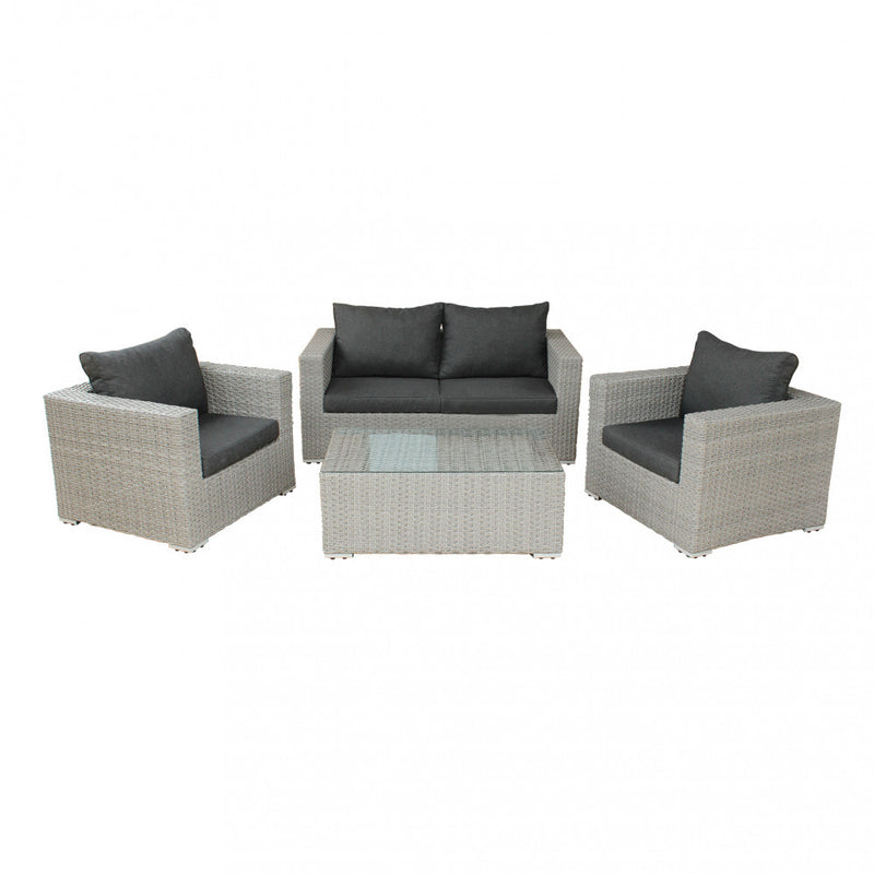 Set Salotto da Giardino Divano 2 Poltrone e Tavolino con Cuscini in Wicker Grigio-1