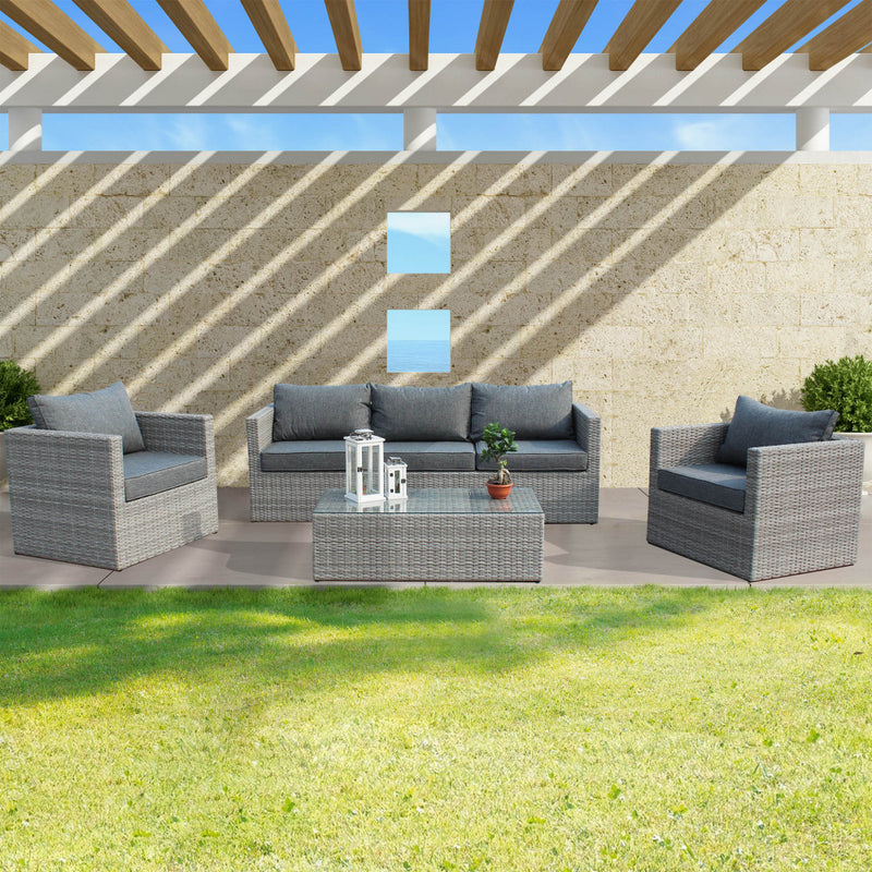 Set Salotto da Giardino Divano 2 Poltrone e Tavolino con Cuscini in Wicker Grigio-2