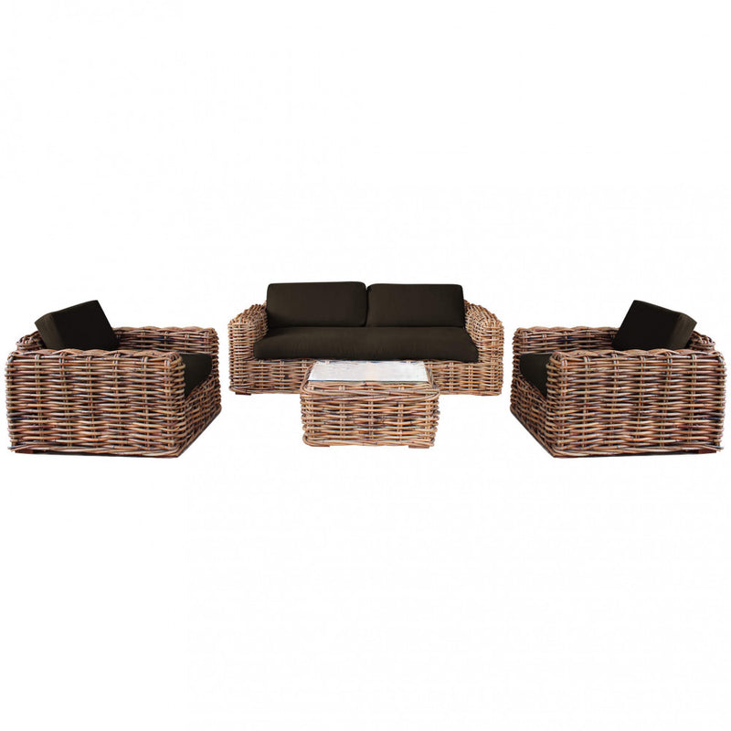 Set Salotto da Giardino Divano 2 Poltrone e Tavolino con Cuscini in Rattan Marrone-1