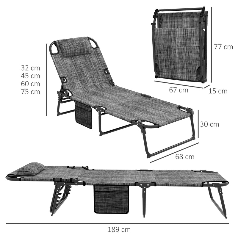 Lettino da Giardino Pieghevole e Reclinabile con Tasca Laterale 68x189x30 cm  Nero e Grigio-3