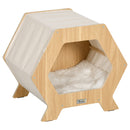 Cuccia per Gatti 49,5x38,5x43,5 cm in Legno e Tessuto con Cuscino in Peluche Quercia e Bianco-1