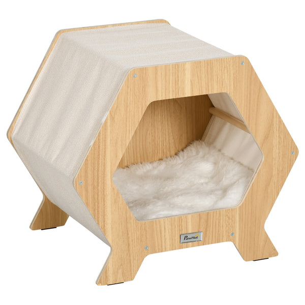 Cuccia per Gatti 49,5x38,5x43,5 cm in Legno e Tessuto con Cuscino in Peluche Quercia e Bianco online