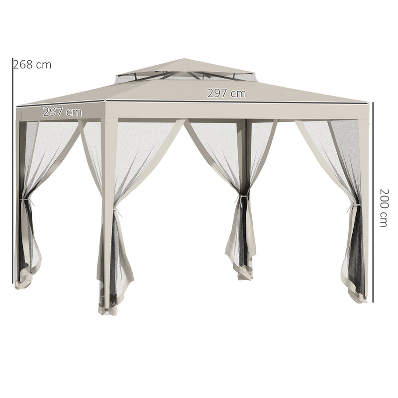 Gazebo da Giardino con Zanzariera Doppio Tetto 3x3m Telaio in Metallo Beige-3