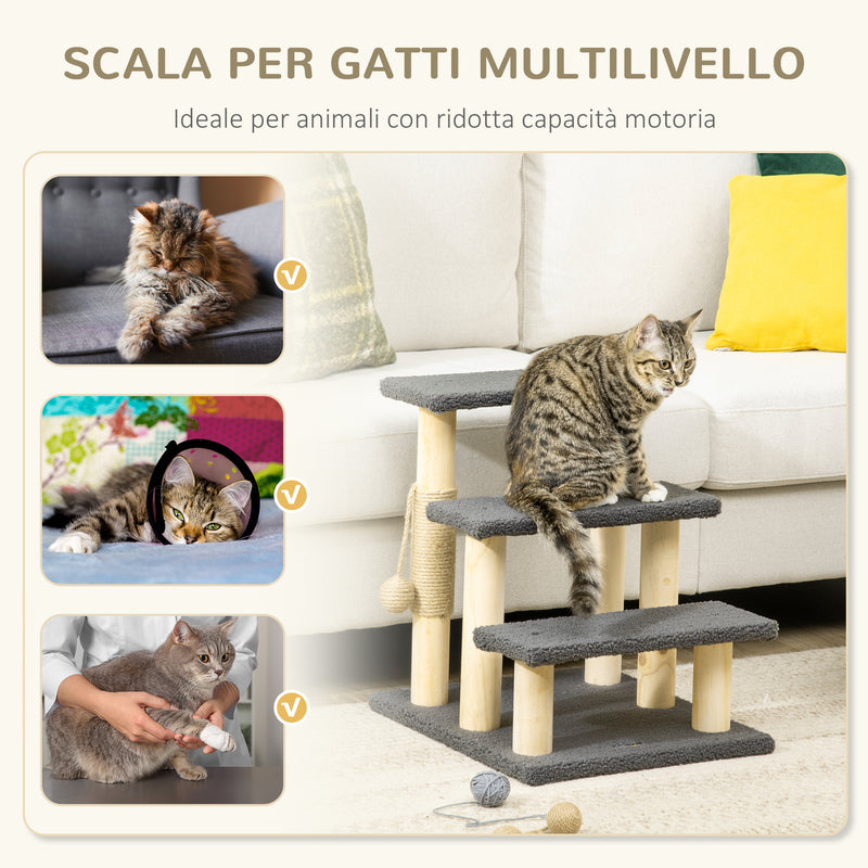 Tiragraffi Scaletta per Gatti a 3 Livelli 45x40x48 cm con Pallina Pali in Juta Grigio-4