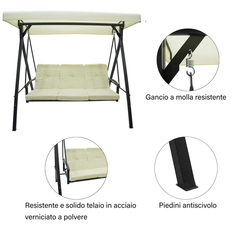 Dondolo Letto 3 Posti 192x134x180 cm in Acciaio e PVC Auriga Ecrù-6