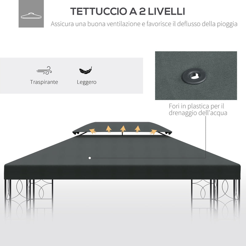 Copertura per Gazebo  a 2 Livelli  con Cinghie e 10 Fori di Drenaggio 4x3m in Poliestere Grigio Antracite-5