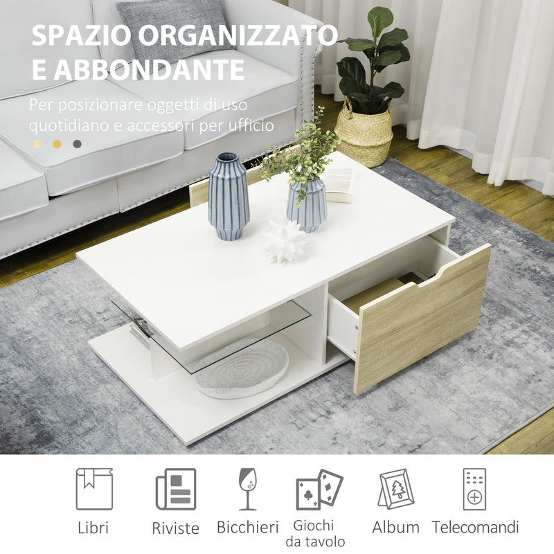 Tavolino da Caffè 106x58x39 cm con Cassetti e Ripiano in Vetro in Truciolato  Bianco – acquista su Giordano Shop