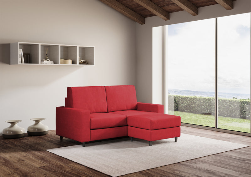 Divano 2 Posti con Pouf 148x155x85 cm Sakar in Tessuto Rosso-3