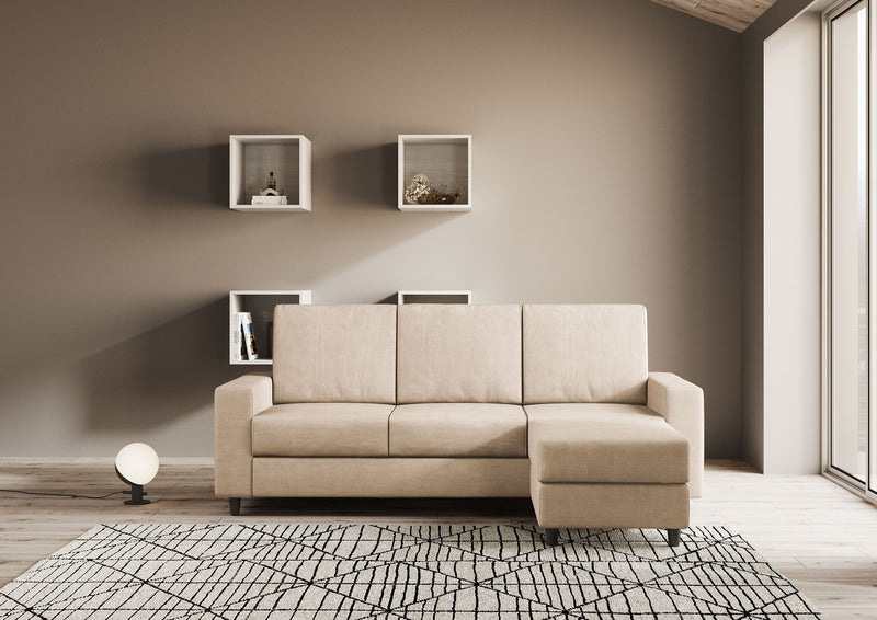 Divano 3 Posti con Pouf 208x155x85 cm Sakar in Tessuto Beige-2