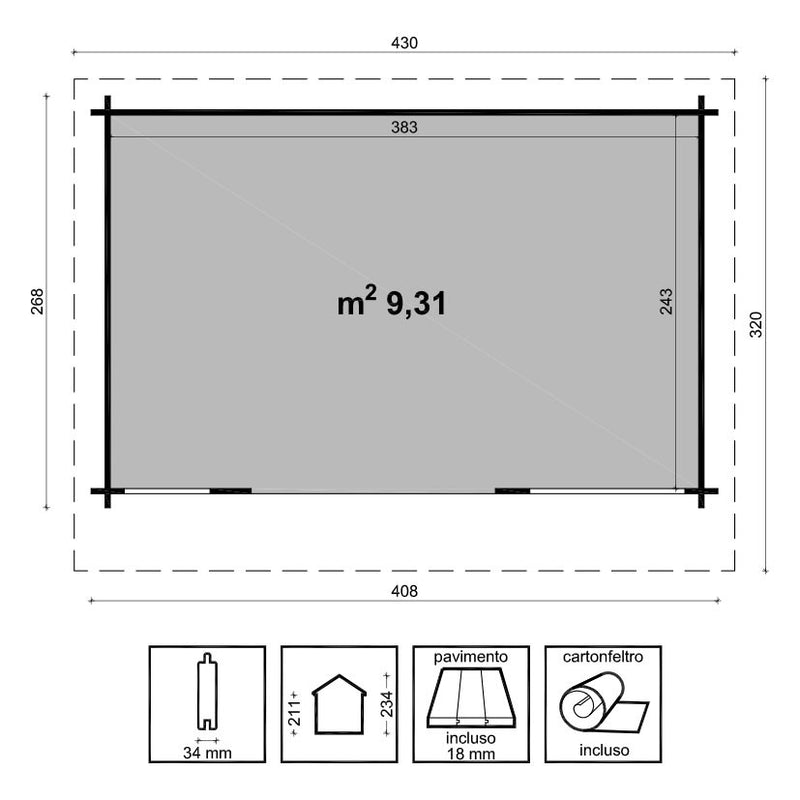 Casetta Abitabile da Giardino Aurora 4,08x2,68m in Legno di Abete Grezzo-2