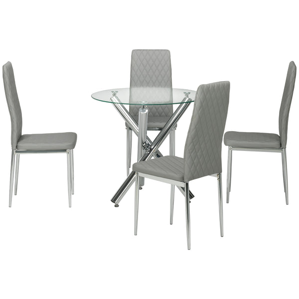 Set da Pranzo Tavolo Rotondo in Vetro e 4 Sedie in Similpelle Grigio sconto