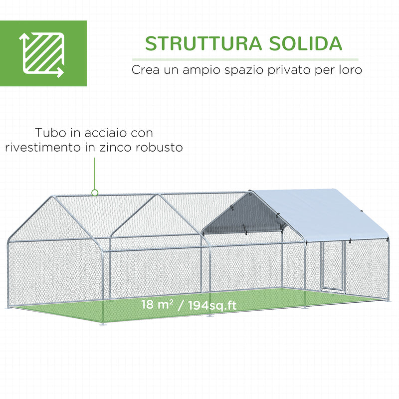 Pollaio Gabbia per Galline 600x303,5x195 cm in Metallo con Copertura in Tessuto Oxford Argento-6