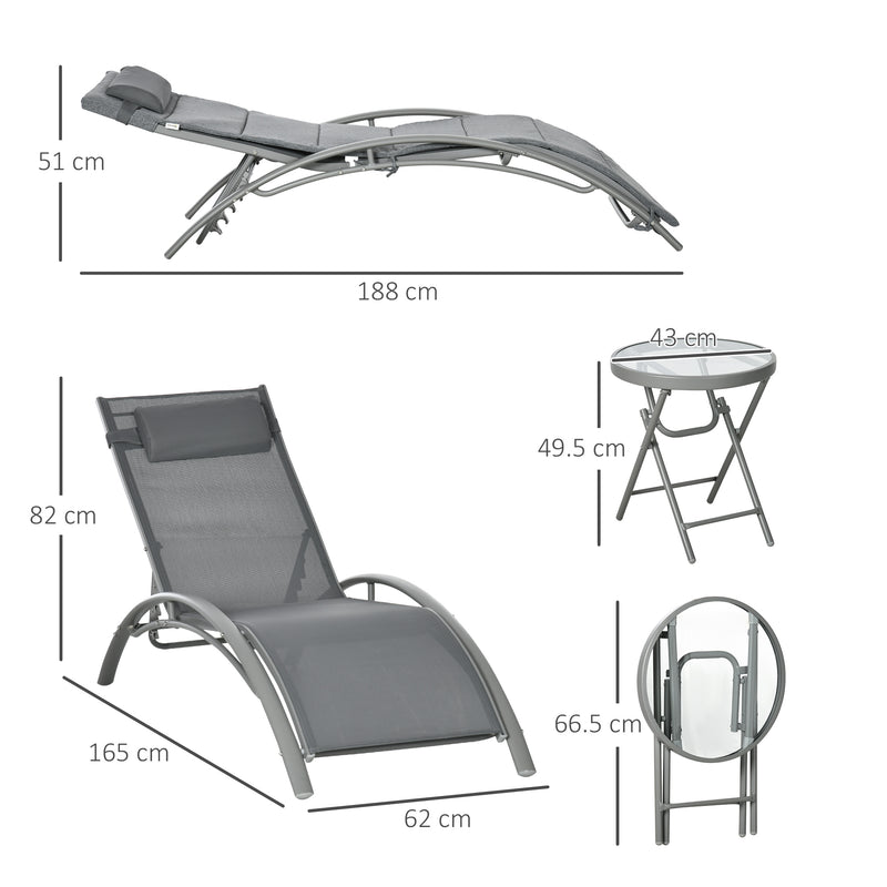 Set 2 Lettini Prendisole da Giardino 62x165x82 cm con Tavolino in Alluminio e Acciaio Grigio-3