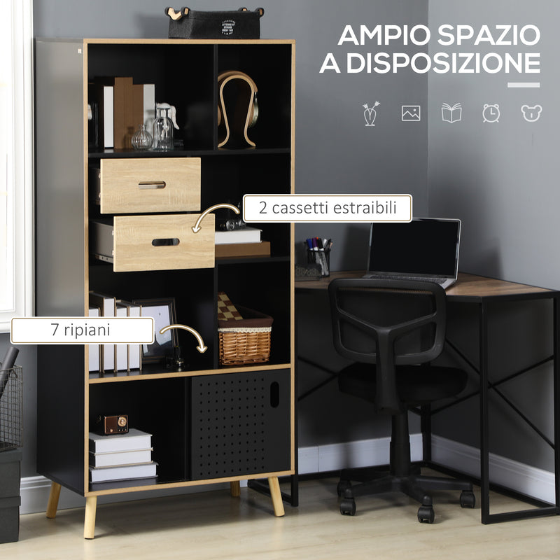 Libreria Moderna 80x40x165 cm in MDF e Truciolato Nero e Legno Naturale-5