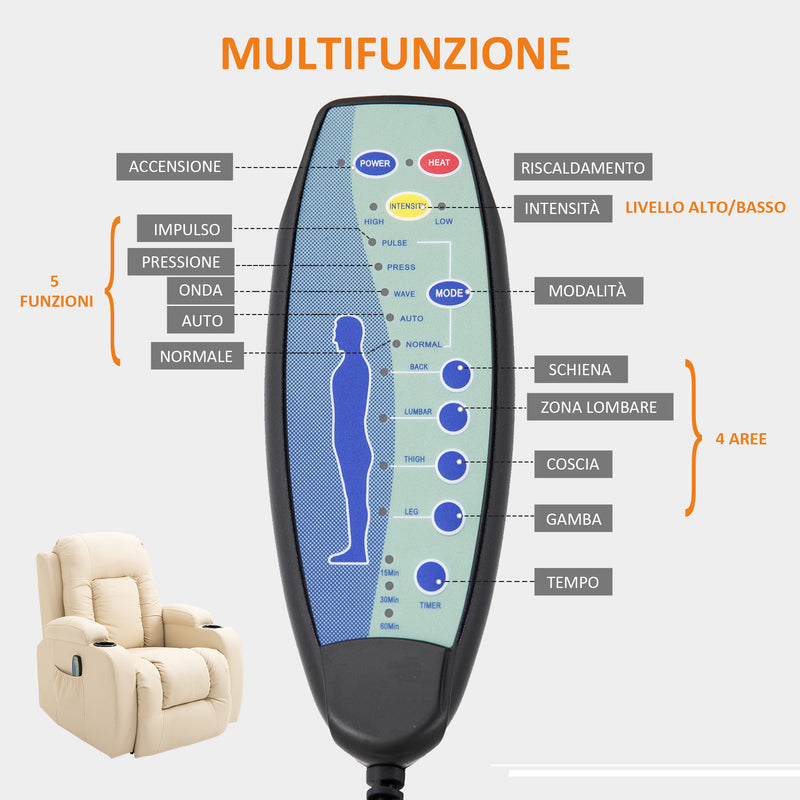 Poltrona Relax Massaggiante e Reclinabile 85x94x104 cm in Similpelle Crema-7