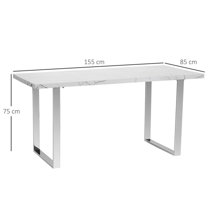 Tavolo Rettangolare 155x85x75 cm Max 6-8 Persone in MDF e Acciaio Effetto Marmo Bianco-3