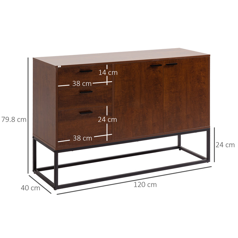 Mobile Buffet Stile Industriale 120x40x83 cm con Armadietto 2 Ante e 3  Cassetti Marrone